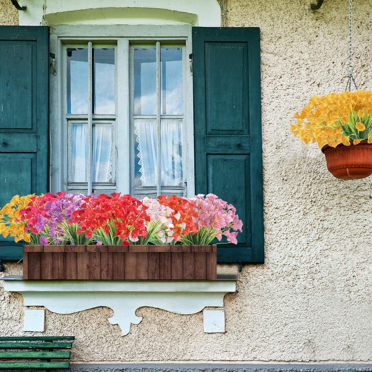 12 Bundles Artificial Silk Flowers Outdoor UV Resistant Fake Plastic Plants Indoor Outside Hanging Plants Garden Porch Window Box Home Wedding Farmhouse Decor (Deep Red)