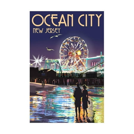 Ride Print Jersey - Ocean City, New Jersey - Pier and Rides at Night Print By Lantern Press