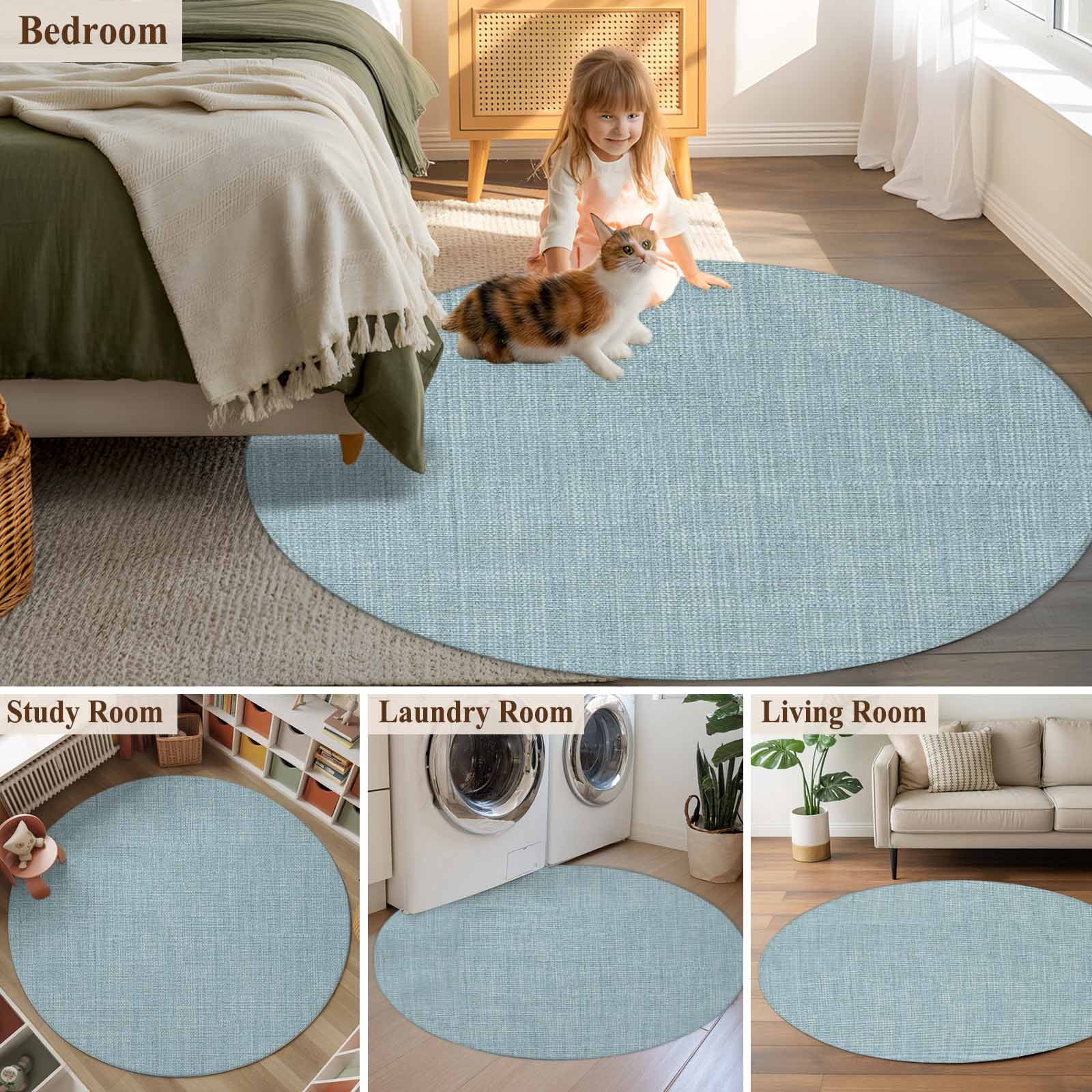 Vintage Haze Blue Round Area Rug 4 FT,Non Slip Indoor Outdoor Rug,Farmhouse Retro Solid Color Linen Texture Washable Soft Circular Carpet Floor Mat for Coffee Table Nursery Foyer Balcony
