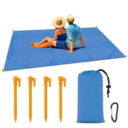 LNKOO Outdoor Beach Blanket/Compact Pocket Blanket 79”x 55” - Waterproof Ground Cover, Sand Proof Picnic Mat for Travel, Hiking, Camping, Festival - Durable Tarp w/Corner Pockets, Loop, Bag,Stakes