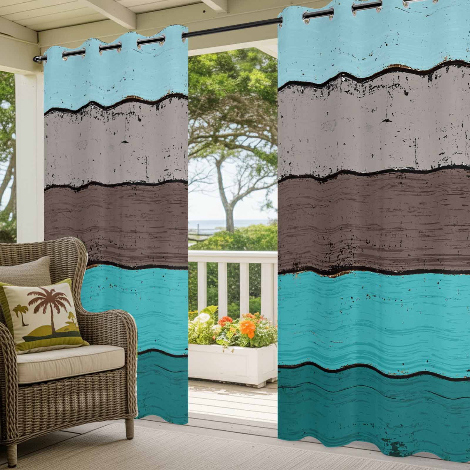 Outdoor Curtains for Patio Waterproof, Aqua Grey Windproof Pravicy Outside Porch Blackout Curtain, Vintage Stripe Farmhouse Wood Grain Ombre Sun Blocking Grommets Curtains for Cabana Gazebo 54"x108"