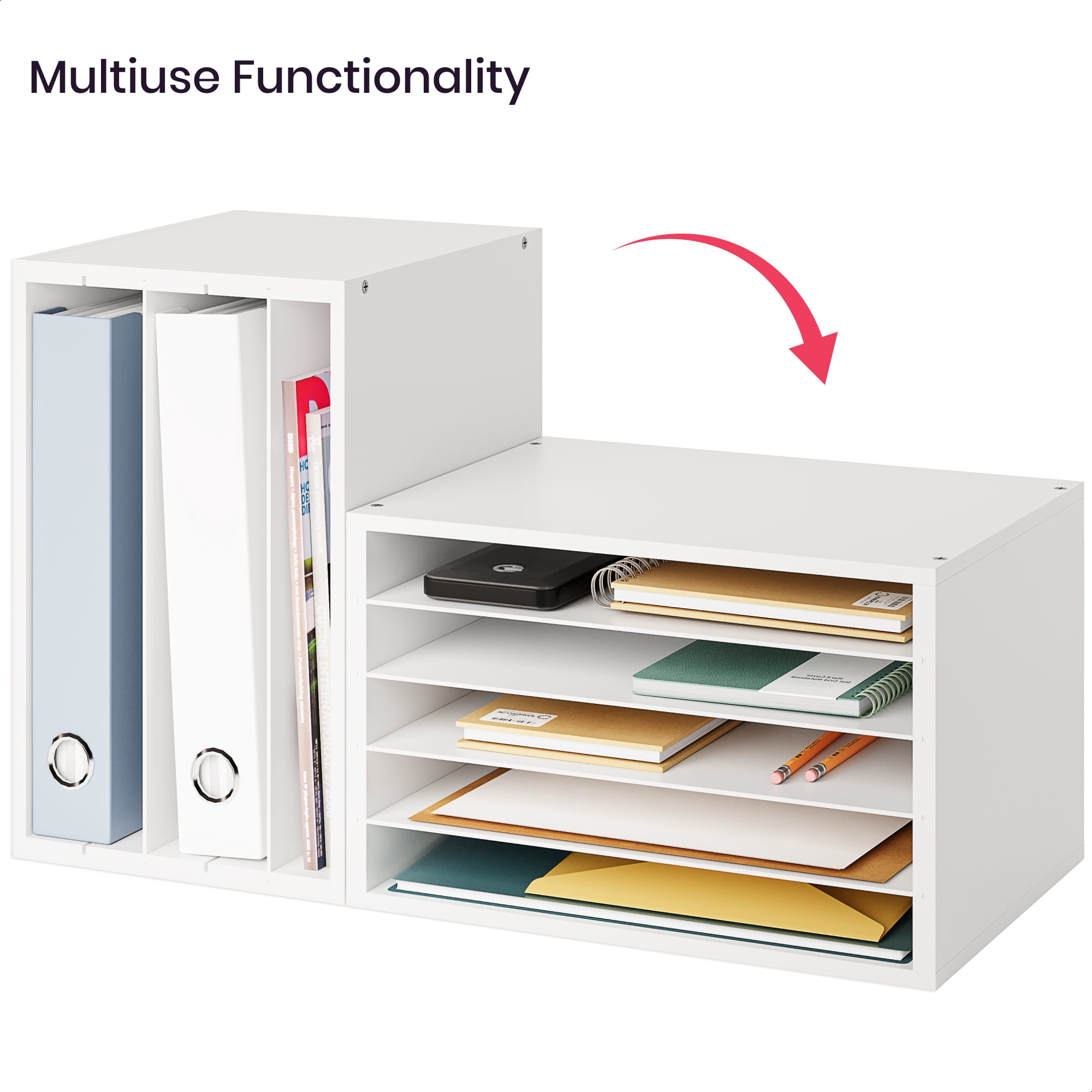 Ballucci 5 Tier Paper Organizer Letter Tray, Wood Desk File Organizer with Adjustable Shelves, Home Office School Letter/A4 Mail Sorter Magazine Holder - White