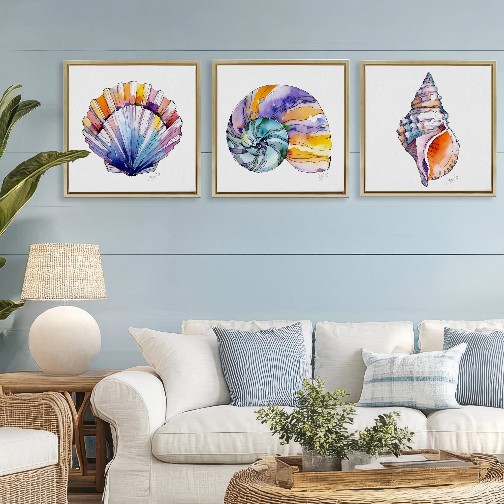 Stupell Industries Sunlit Seashells Watercolors 3 Piece Gold Framed Floater Canvas Set, design by Shelly Craig