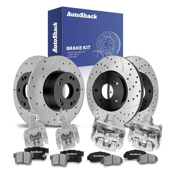 AutoShack Front Vented & Rear Solid Drilled & Slotted E-Coated Brake Rotors   Ceramic Pads   Calipers 16-PC Brake Kit Replacement for 2003-2007 Honda Accord 2004-2008 Acura TSX ShadowGuard