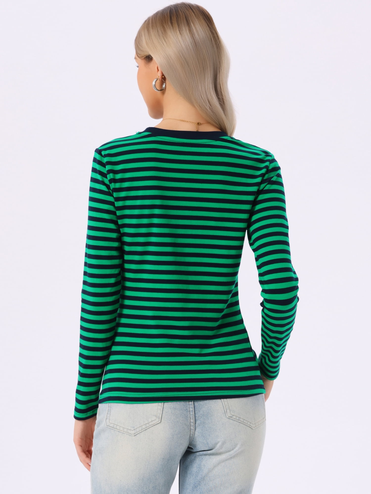 DARING DIVA Women's Striped Long Sleeve Cotton Crew Neck Tees M Green Striped