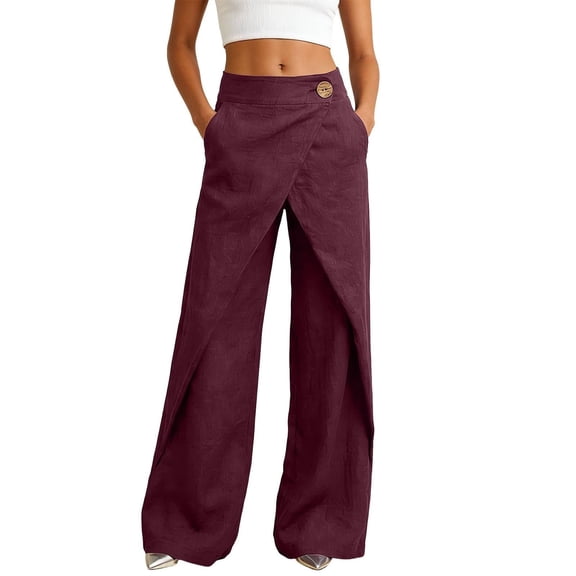 JUUNthy Womens Cross Front Palazzo Pants, Loose with Pockets Wide Leg High Waist 2026 Casual Fashion Vacation Pants Burgundy 2XL