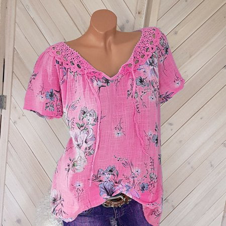Women's Summer Fashion Casual Cute Lace V-Neck Floral Printed Splicing Short-Sleeved T-shirt