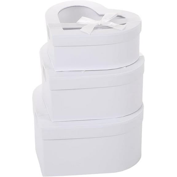 Set of 3 Heart Shaped Gift Boxes with Ribbon Bow Clear Window Decorative Heart Gift Flower Wrapping Boxes for Wedding, Birthday, Anniversary, Valentine's Day, Mother's Day, Baby Showers (White)