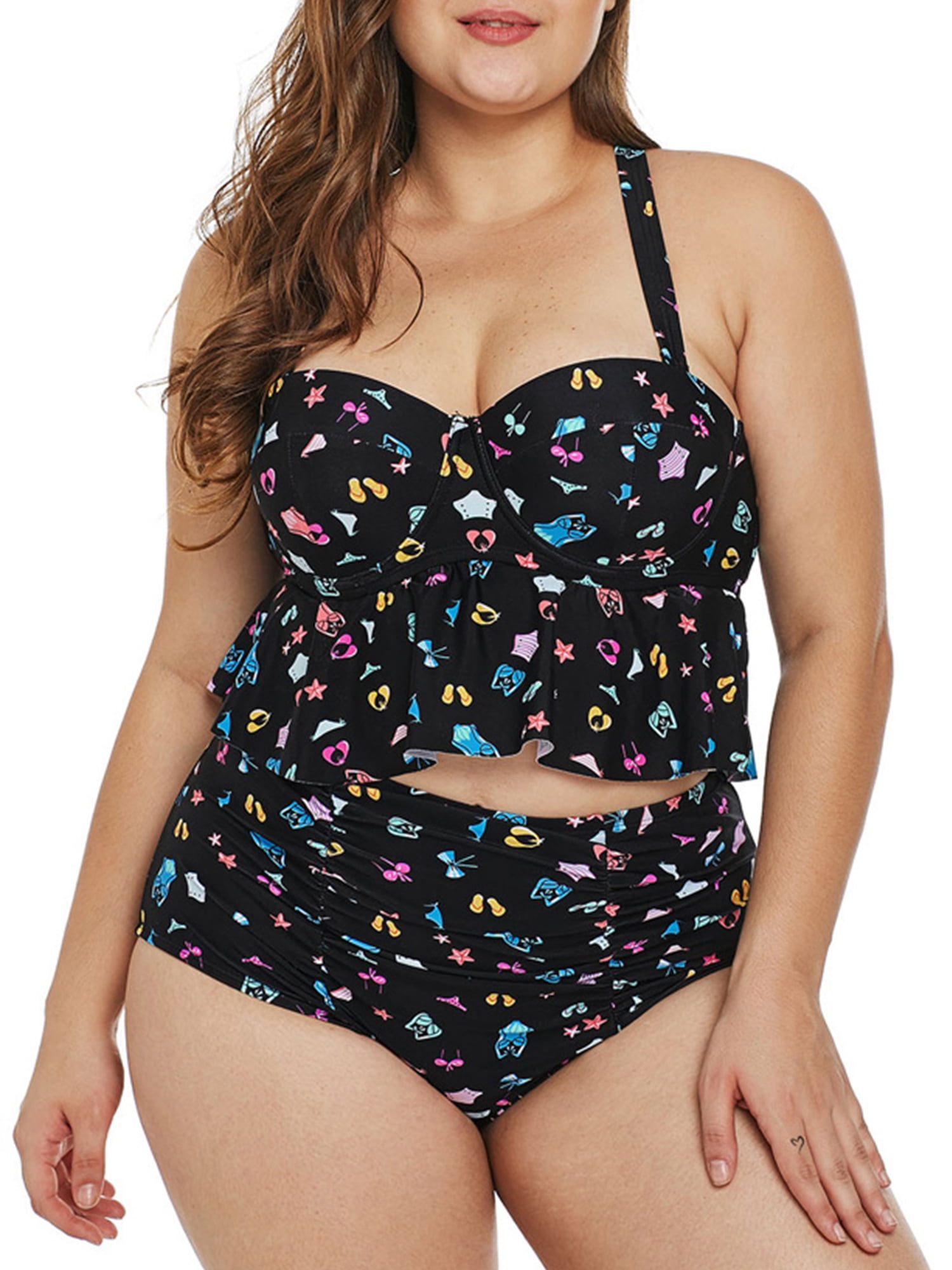 UKAP Women TwoPiece Swimsuit, Plus Size Swim Top+Briefs, Braces
