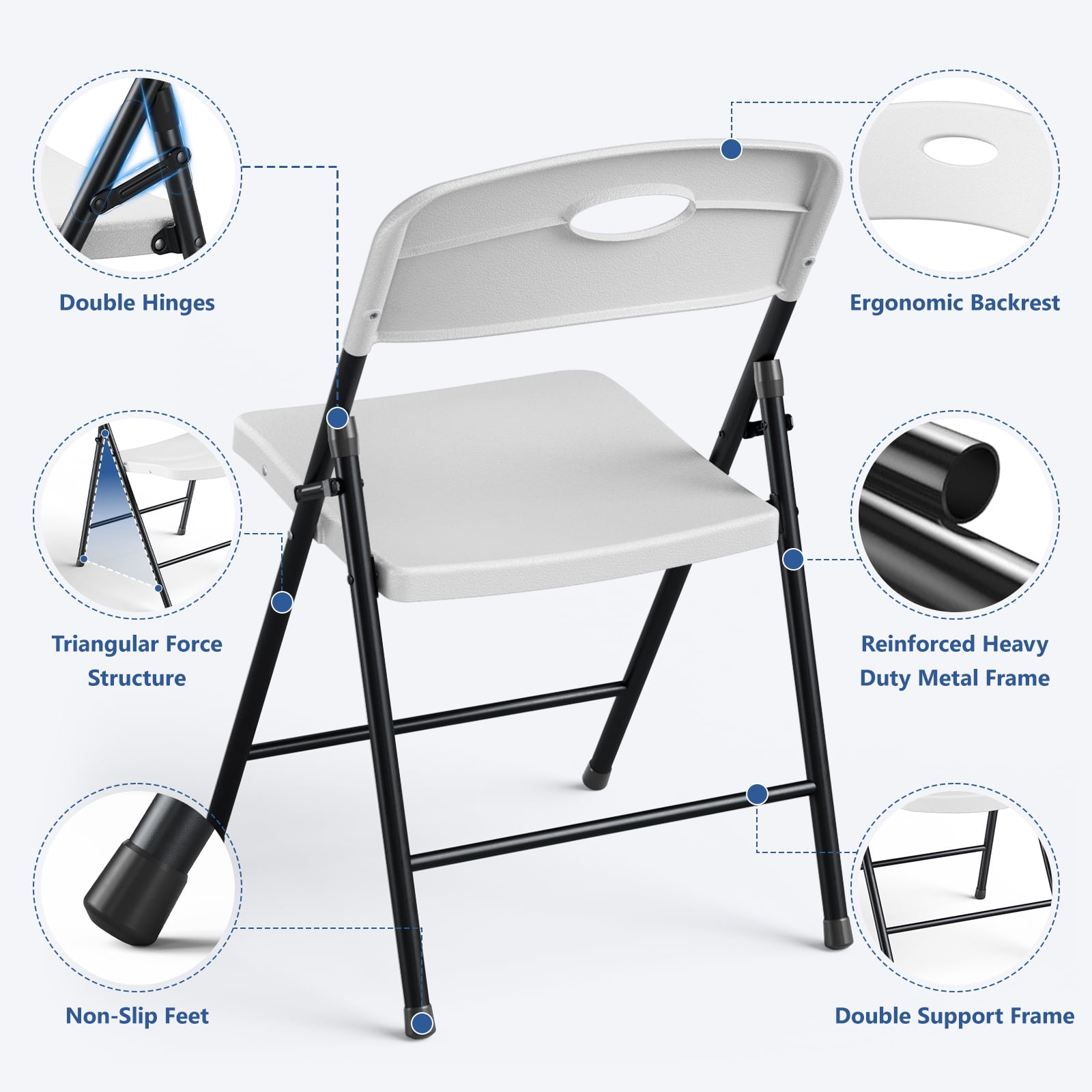HaiCube 6 Pack Portable Plastic Folding Chair with Back Support, Heavy Duty Steel Frame, Indoor Outdoor for Party Wedding Office Patio, White