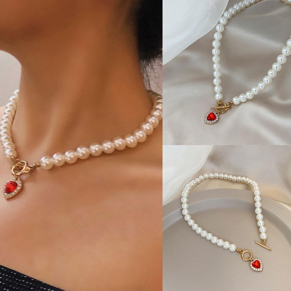 Vintage Pearl Necklace For Women Retro Red Crystal Heart Pendant Pearl Choker Necklaces Gifts Jewelry W1F0 - image 2 of 8