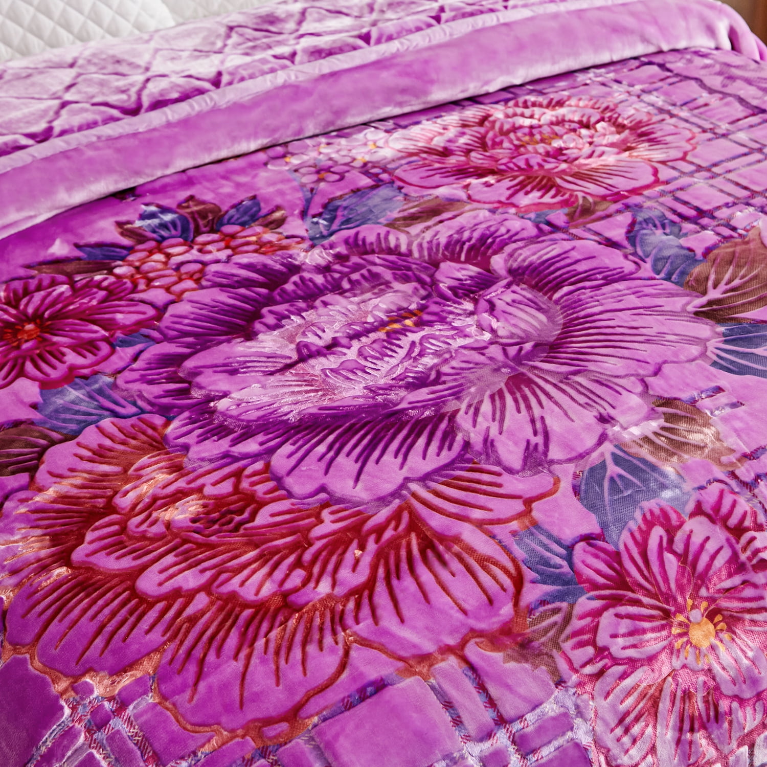 Heavy Thick Fleece Blanket King Size, 10.5lbs,2 Ply A & B Pattern Silky Soft Warm Reversible Raschel Winter Blanket, Minky Soft Plush Blanket for Sofa Bed, 87"x94", Purple Floral