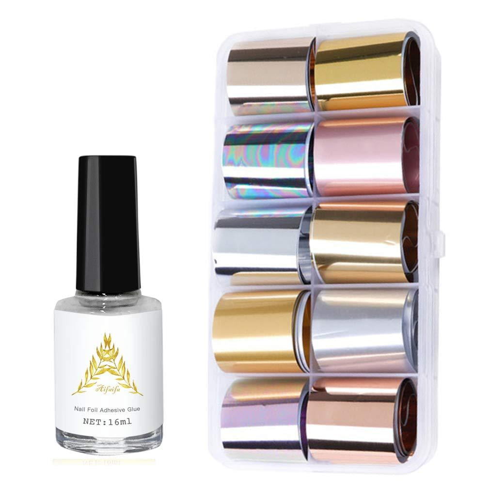 AIFAIFA Metallic Nail Foils Transfer with Nail Glue, 10 Color Metallic