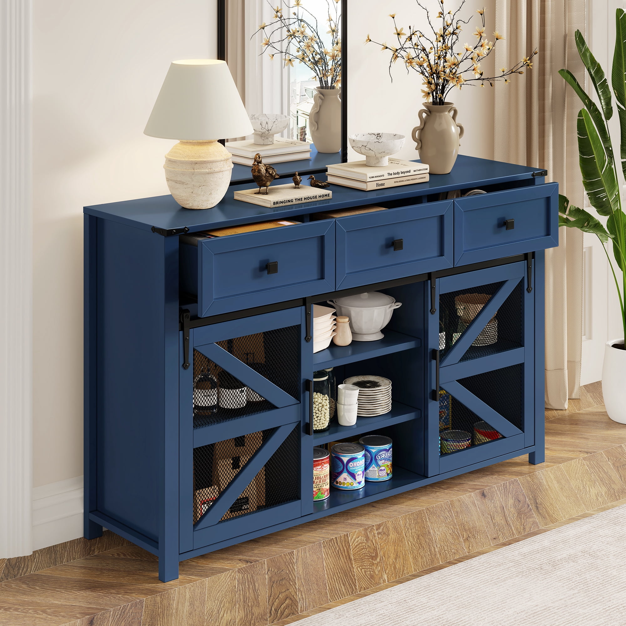 Leumius 55In Sliding Barn Door Sideboard Buffet Cabinet with 3 Drawers, Adjustable Shelves, Metal Mesh & Particleboard Doors, Aluminum Handles, Industrial Storage for Living or Dining Room Blue