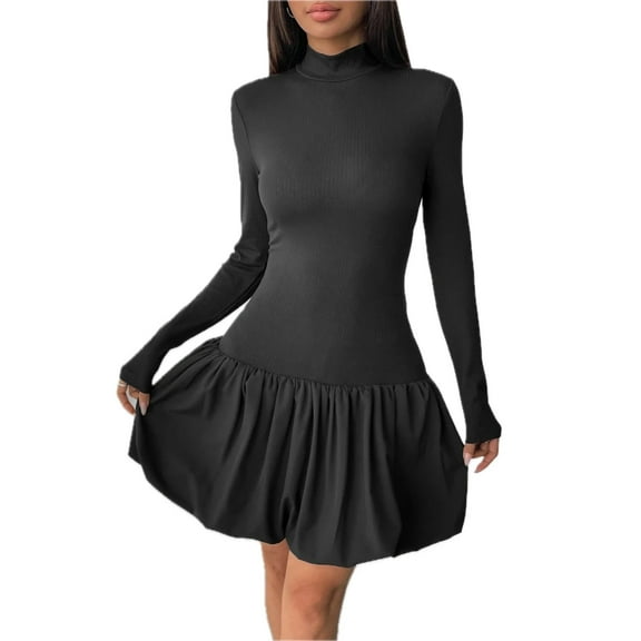 Women's Mock Neck Long Sleeve Bubble Hem Dress with Ruched Stretch 94% Polyester 6% Elastane for a Flattering Fit