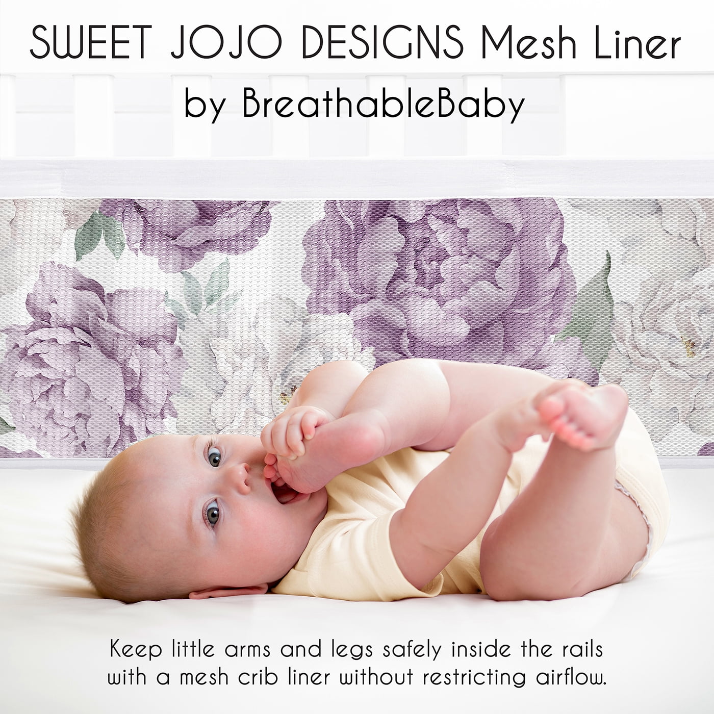 Sweet Jojo Designs + BreathableBaby Peony Floral Garden Lavender Purple and Ivory Girl Breathable Mesh Crib Liner