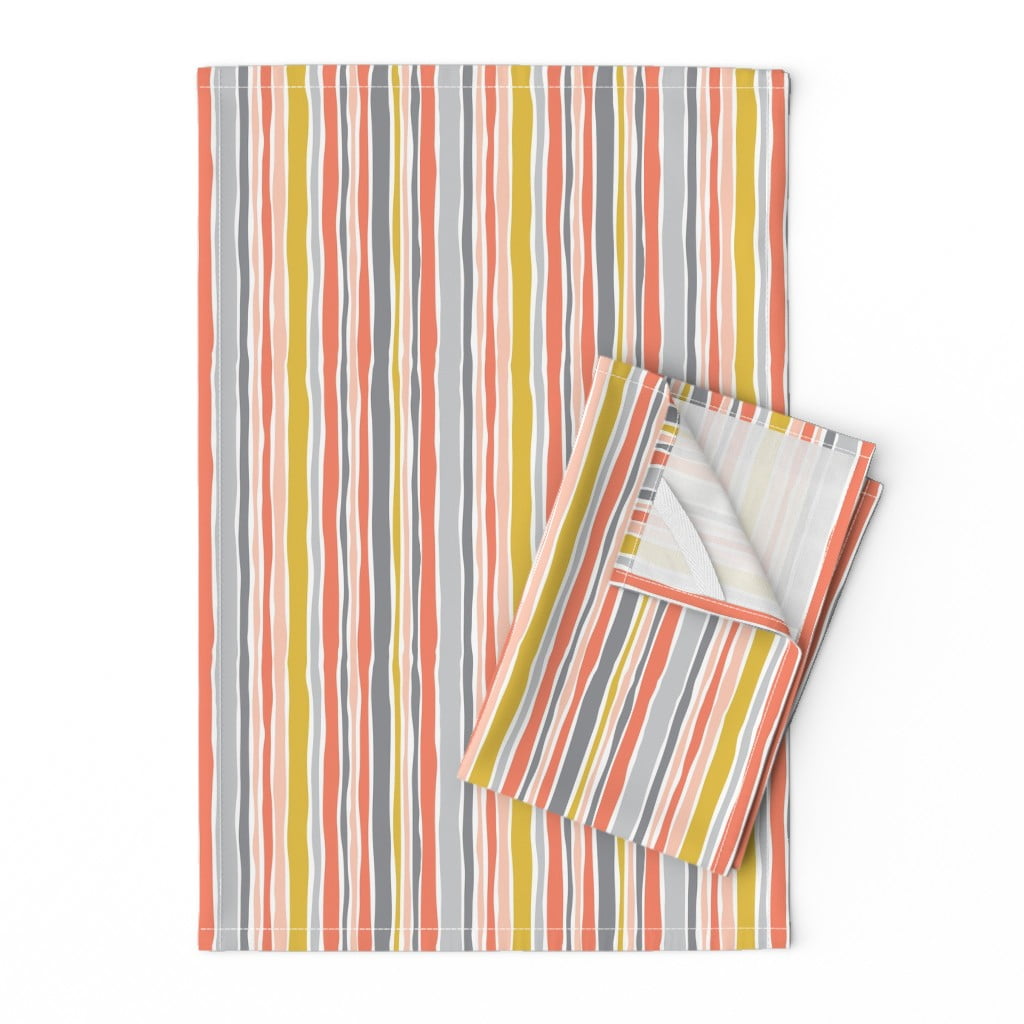 Orange And White Stripes Stripe Linen Cotton Tea Towels by Roostery Set of 2 