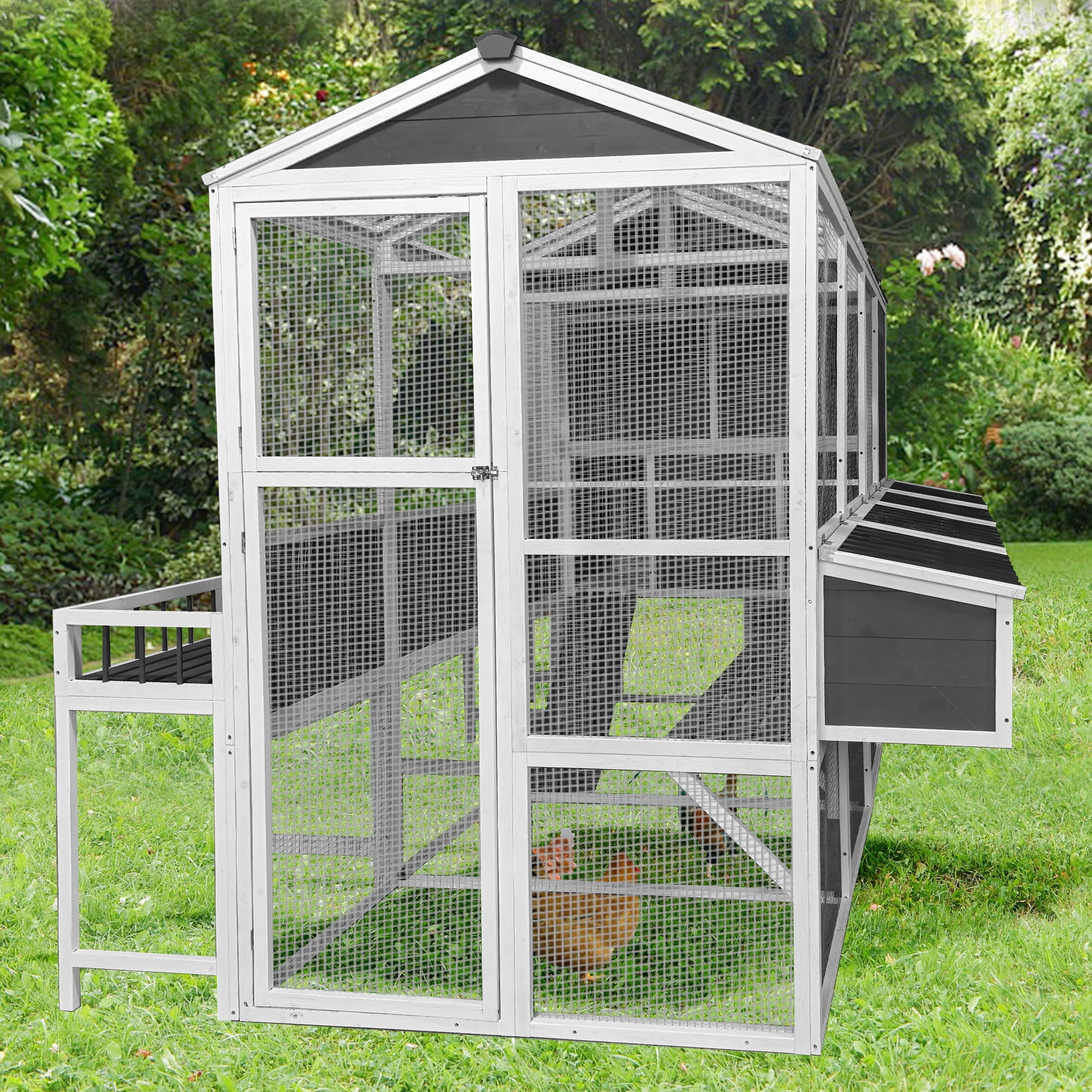 Chicken Coop with Chicken Run, Chicken Coops for 10 Chickens Outdoor with Nesting Boxes , Wooden Walk-in Chicken House with Pull Out Trays , Garden Backyard Cage (95''X80''X83'')