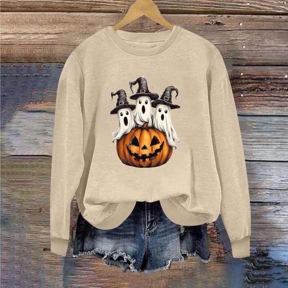XUNKUSGA Halloween Sweatshirts for Women Classic Pumpkin Graphic Crewneck Long Sleeve Pullover Tops Casual Loose Shirts for Women S
