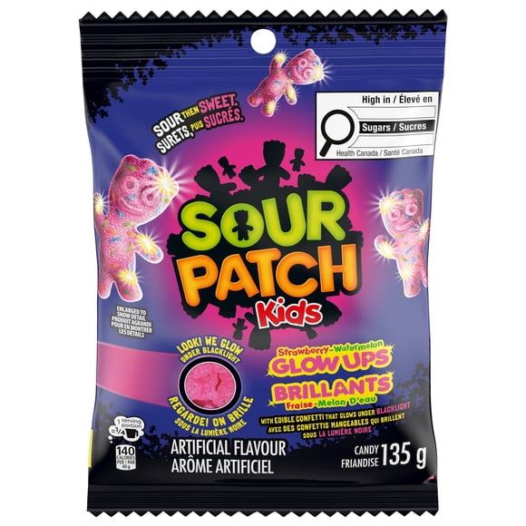 SOUR PATCH KIDS Brillants Fraise-melon d'eau friandises tendres et moelleuses, friandises gélifiées acidulées qui BRILLENT SOUS LA LUMIÈRE NOIRE, fête, festival, jeux vidéo