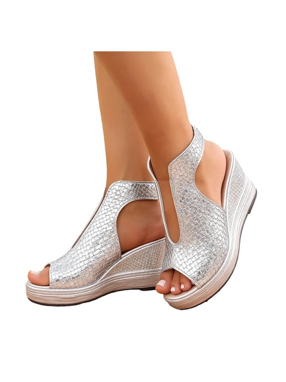 Womens Platform Wedge Dressy Sandals Ladies Trendy Casual Leather Clear Band Patchwork Chunky High Heels Slip on Summer Dress Shoes Silver Size 6.5