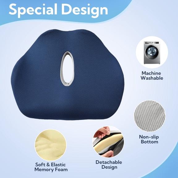 SUNNY HEAT Orthopedic Memory Foam Chair Cushion 17x14x3 - Pressure Relief Pad for Sitting, Coccyx Sciatica Pain Relief, Non-Slip Blue & White Cushion for Office Car Wheelchair