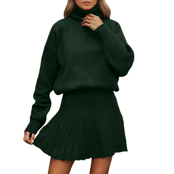 Womens Skirt 2 Piece Sweater Set Long Sleeve Crewneck Sweaters Pleated Mini Skirt Knit Lounge Sets