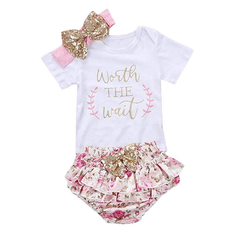 3PCS Newborn Baby Girl Outfits Clothes Letter Tops Romper+Tutu Shorts Pants US 
