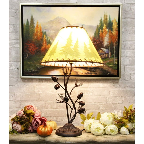 Ebros Large 27 H Rustic Cabin Lodge Mountain Vintage Pine Tree Needles And Pinecones Metal Side Table Lamp Statue With Shade Western Desktop Lamps Accent Seasons Greetings And Good Tidings Walmart Com