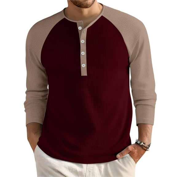 Homozy Men's Henley T Shirts Color Block Long Sleeve Crew Neck Tshirts Slim Fit T-Shirts Color Block Workout Top Wine 3XL