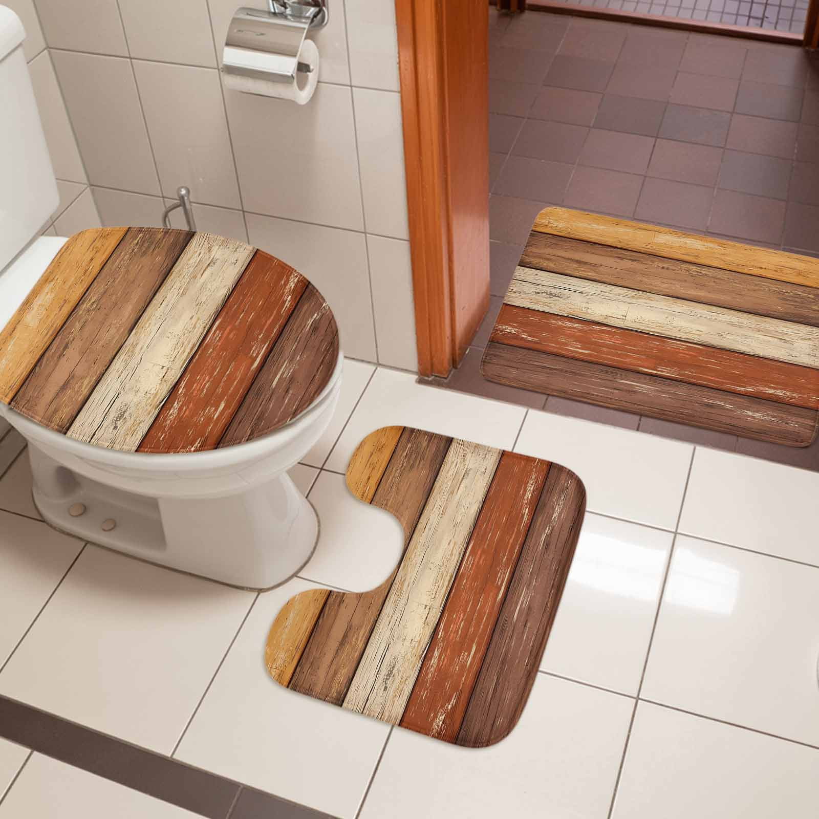 3 Piece Bathroom Rug Set, Orange Brown Wood Grain Non Slip Bath Mat with Contour Toilet Mat and Lid Cover, Vintage Farmhouse Country Style Absorbent Soft Shower Mats for Bathroom