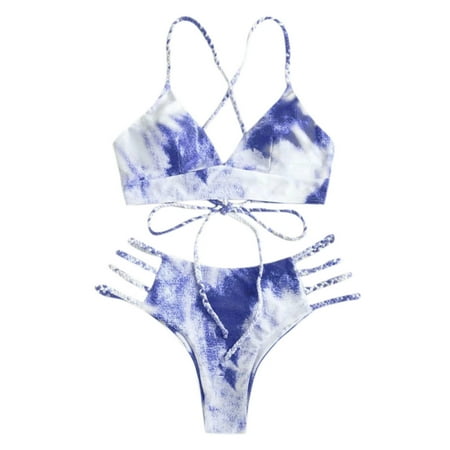 Two Piece Swimsuit for Women Tie-Dye Print Filled Bra Backless Beachwear Bikini Set Purple Bathing Suits for Women L