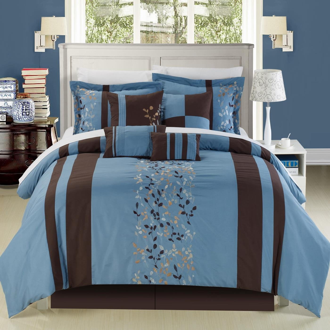 Bedroom Comforter Set 12Pc Bed In A Bag Sheet Reversible Master Guest Blue Brown
