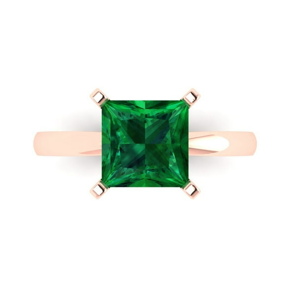 Clara Pucci 14K Rose Gold 3ct Emerald Solitaire Ring for Women