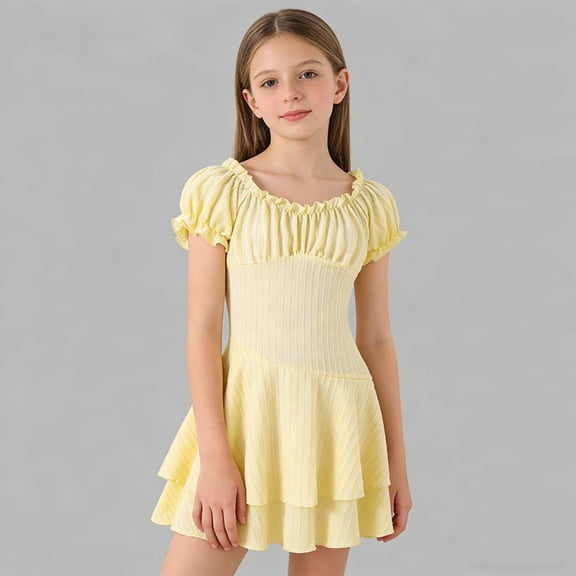 Bxsruta Girls 7-13 Puff Sleeve Off-Shoulder Dress with Ruffled Hem and Stretchy Waist, Soft Ribbed Knit Casual Party Dress