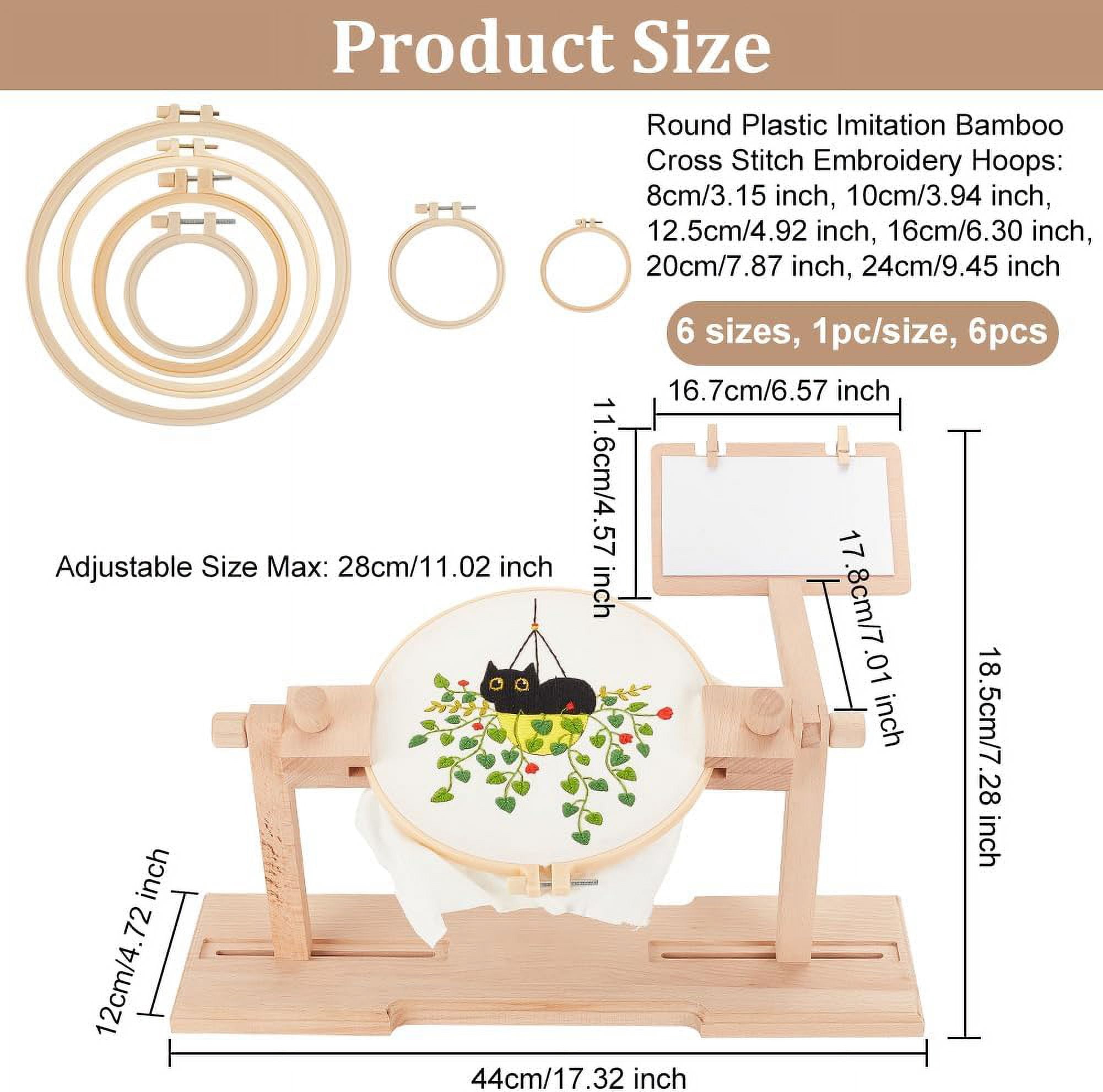 Adjustable Embroidery Hoop Holder with 6 Sizes Stitch Embroidery Hoops 360 Degrees Rotated Stitch Stand Wooden Embroidery Hoop Holder for Stitch and Embroidery Project