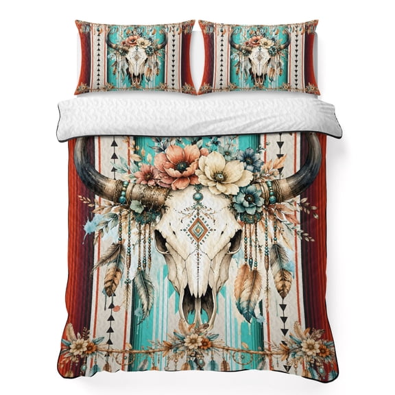 Quilts Twin Size Bedding Set, Southwestern Turquoise Lightweight Quilted Comforter, Floral Skull Feather Orange Soft Reversible Bedspread Coverlet with Pillow Covers for All Season, 68" x 86"