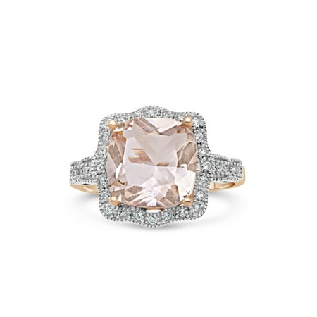 24k Square Ring - 10mm Cushion-Cut Simulated Morganite with White CZ 18kt Rose Gold over Sterling Silver Square Scalloped Halo Ring