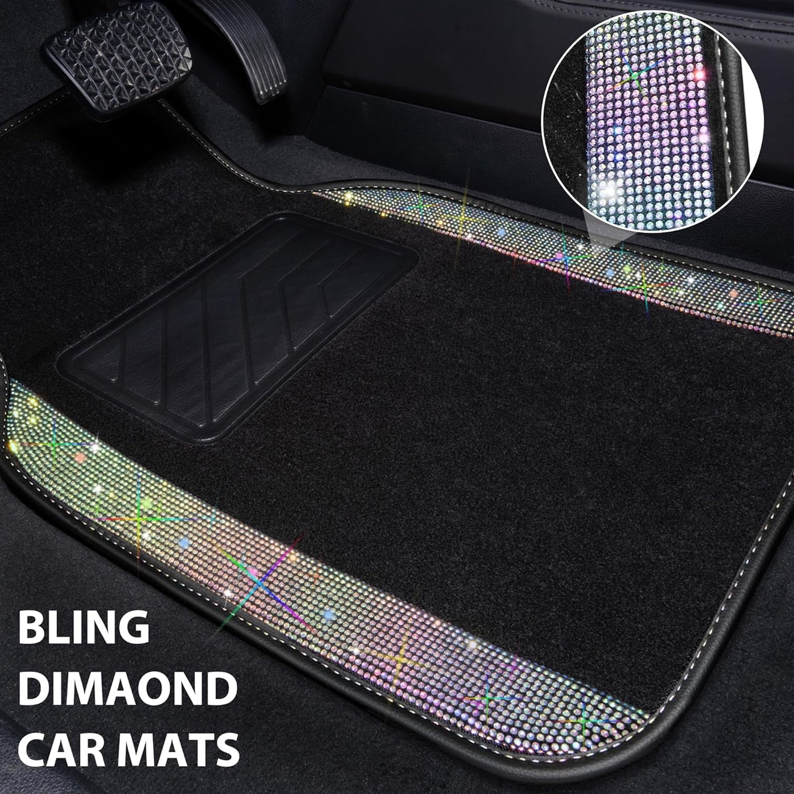 Car-Grand Bling Rhinestone Diamond car floor mats shining carpet sparkly glitter crytal with anti-slip heel waterproof universal fit cute girl women 4pcs Multi-color