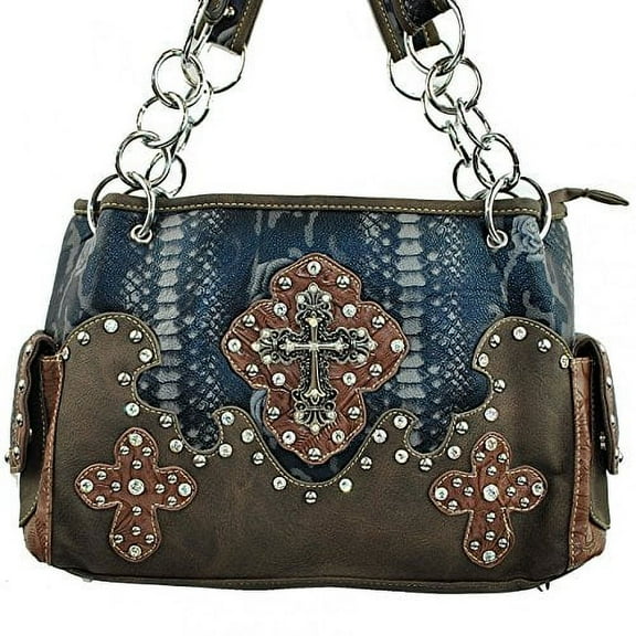 Rhinestone Cross Flowers Style Women's Handbag Purse 5237 in Brown Pink and Red (Brown)