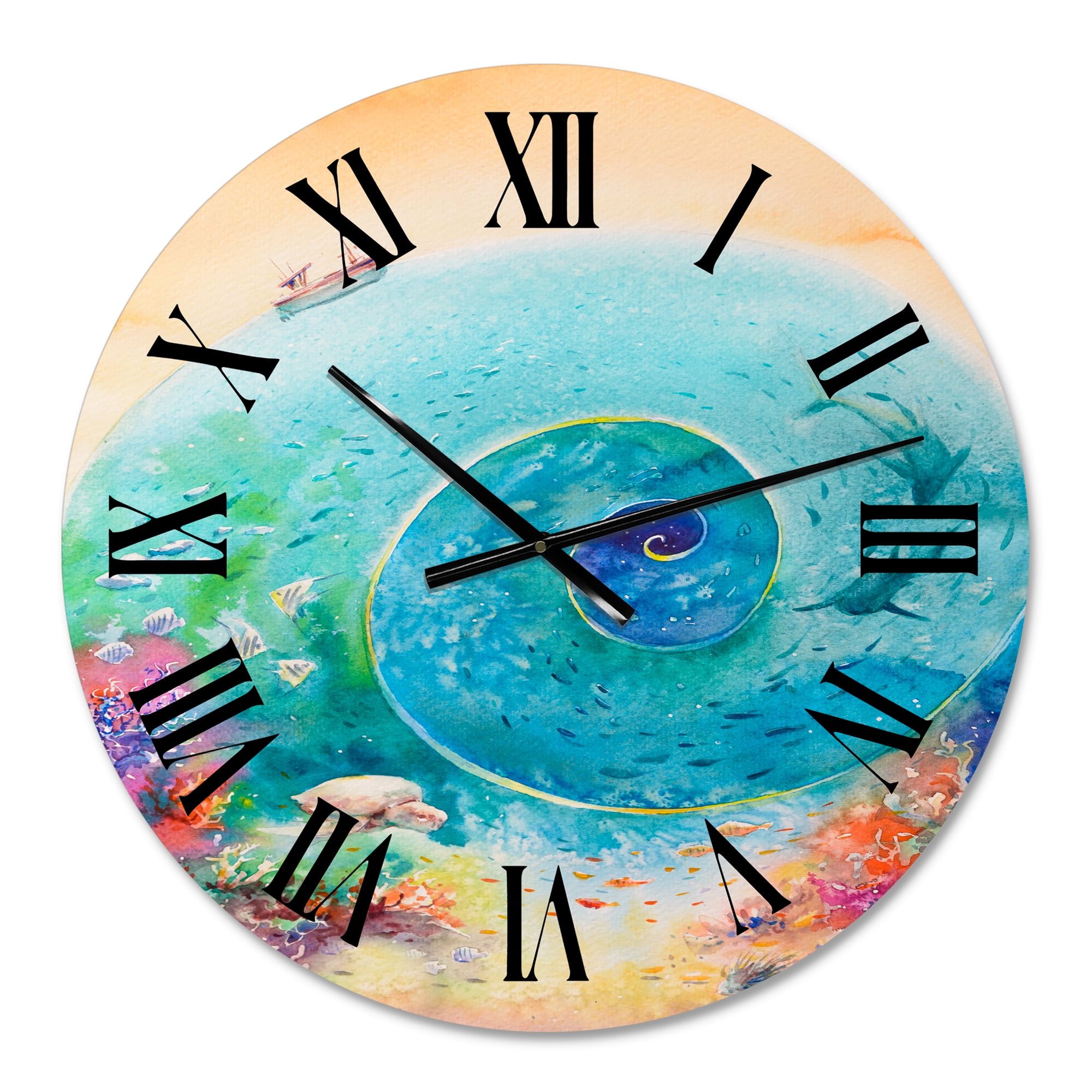 Designart 'Turquoise Ocean Spiral With Coral Reef Fishes' Nautical & Coastal Wall Clock