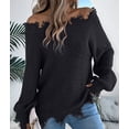 thumbnail image 5 of Women'S Solid Color Openwork Long-Sleeved Sweater, Off-Shoulder Knit Pullover Black L, 5 of 9
