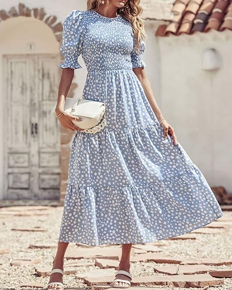 FreshPretty Women Casual Summer Dresses 2025 Spring Crew Neck Ruffle Short Sleeve Floral Print Smocked Boho Flowy Maxi Dress