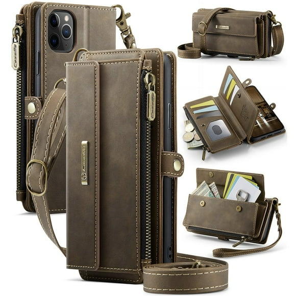 CaseMe Wallet Case For iPhone 11 Pro Max 6.5-inch, RFID Blocking PU Leather Case Women Men Kickstand flip Cover Wrist Strap Zipper Credit Card Holder Slot,Coffee,For iPhone 11 Pro Max