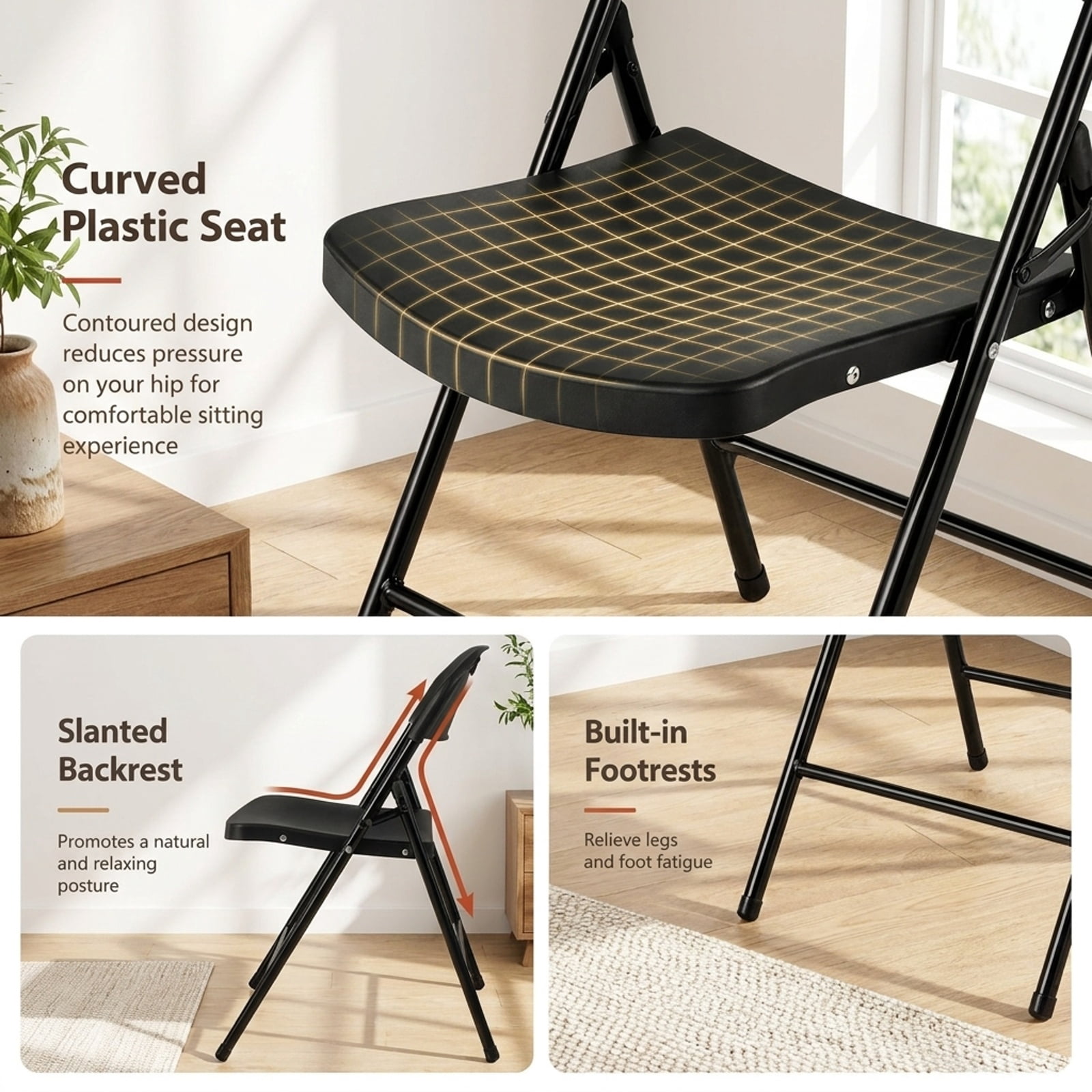 Furnibear Set of 4 Foldable Plastic Chairs with Ergonomic Backrest for Kitchen Dining Room Living Room Home, Black