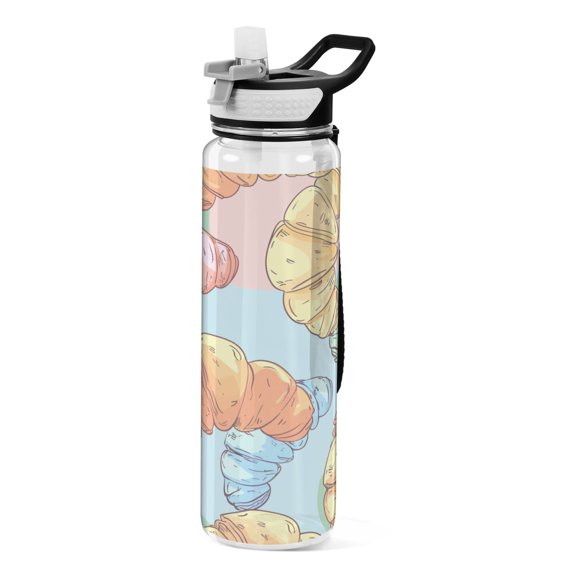 Cartoon Croissants Sports Water Bottle 32oz with Straw for Kids Travel Mug BPA Free Leak Proof for School