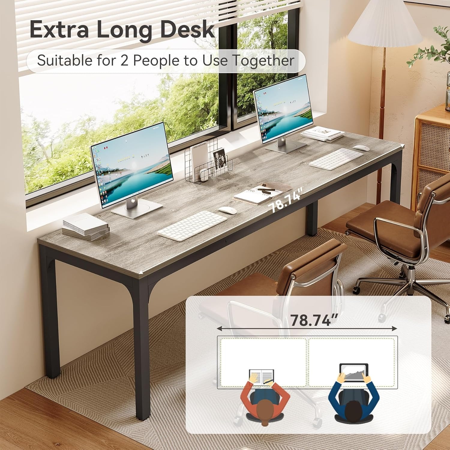78.7-Inch Ultra Long 2 Person Desk, Grey + Black Gaming Computer Writing Table For Home Office, Sturdy Engineered Wood & Metal Double Workstation