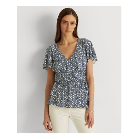 RALPH LAUREN Womens Navy Ruffled Tie Hook And Eye Front Floral Flutter Sleeve V Neck Peplum Top M