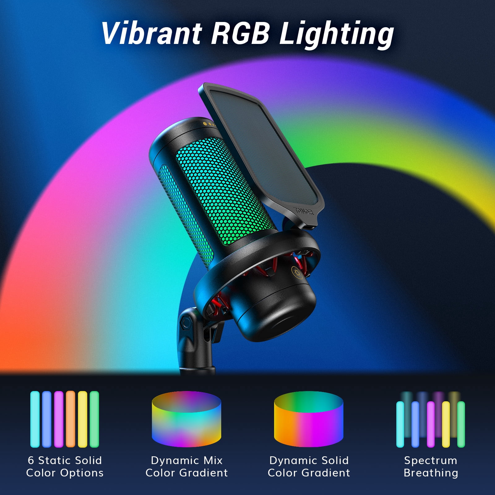 TONOR TC310 Gaming Microphone Type-C Plug, Desktop USB Microphone with RGB, Quick Mute, for Twitch, Streaming, Podcast, Studio Recording, Discord Chatting, 200 cm/78 inch Cable, Black