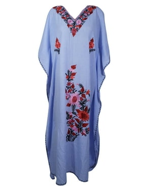 Mogul Women Light Blue Embellished Maxi Kaftan Dress Floral Embroidered Kimono Sleeves Resort Wear Housedress XL